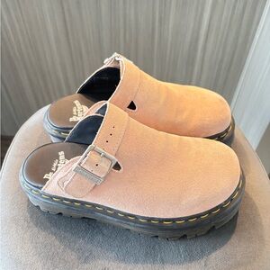 Dr. Martens Dusty Pink Suede Platform Buckle Clog Mules with Black Sole